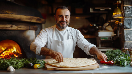 smiling Turkish chef preparing traditional pide bread in a rustic kitchen, with fresh ingredients on the table and a wood-fired oven glowing in the background.
