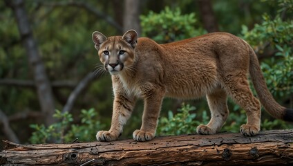 Young mountain lion walking on a fallen tree