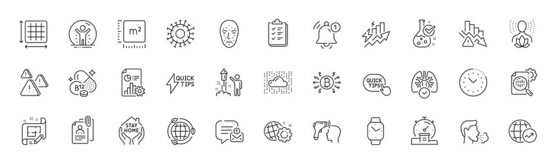 Chemistry lab, Interview documents and Report line icons. Pack of Face biometrics, Time management, Timer icon. Square area, Recovered person, Coronavirus pictogram. Line icons. Vector