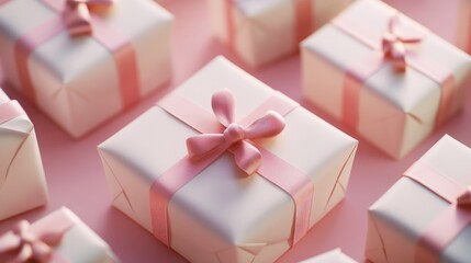 Closeup of gifts with pink ribbon bows on pink background.