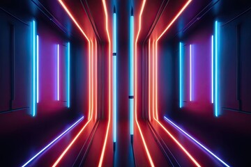 3D Rendering of an Abstract Neon Background with Glowing Vertical Lines and Futuristic Technology