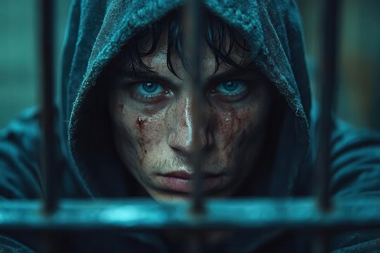 dramatic portrait of a hooded hacker illuminated by eerie blue light sitting behind prison bars sharp focus on the figure conveys a sense of confinement and cyber justice