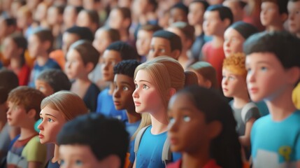 A diverse group of children attentively watching an event, showcasing mixed emotions and a sense of community and curiosity.