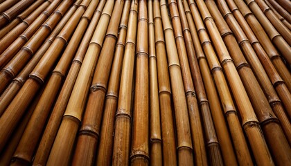 Close-up of Vertical Bamboo Stalks Showing Natural Texture and Color Variations in a Rustic, Organic Pattern