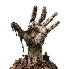 Fototapeta premium Zombie hand coming out of the ground on a white isolated background.