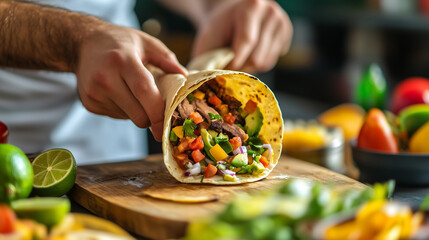 Chef preparing a delicious taco filled with fresh ingredients like vegetables, meat, and cilantro, capturing vibrant Mexican flavors in a colorful, authentic kitchen setting.