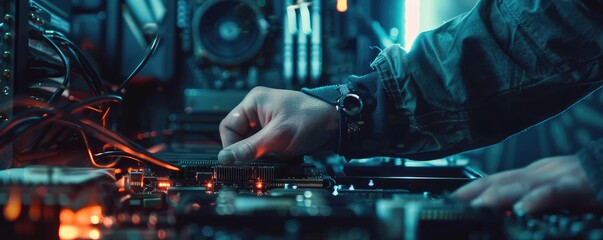 Obraz premium An expert technician use hard disc to diagnose and inspect server hardware components in a data center