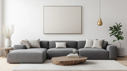 Fototapeta premium Modern Scandinavian living room featuring a gray sofa, minimalist decor, wooden coffee table, and soft lighting, creating a serene and elegant space with natural elements.