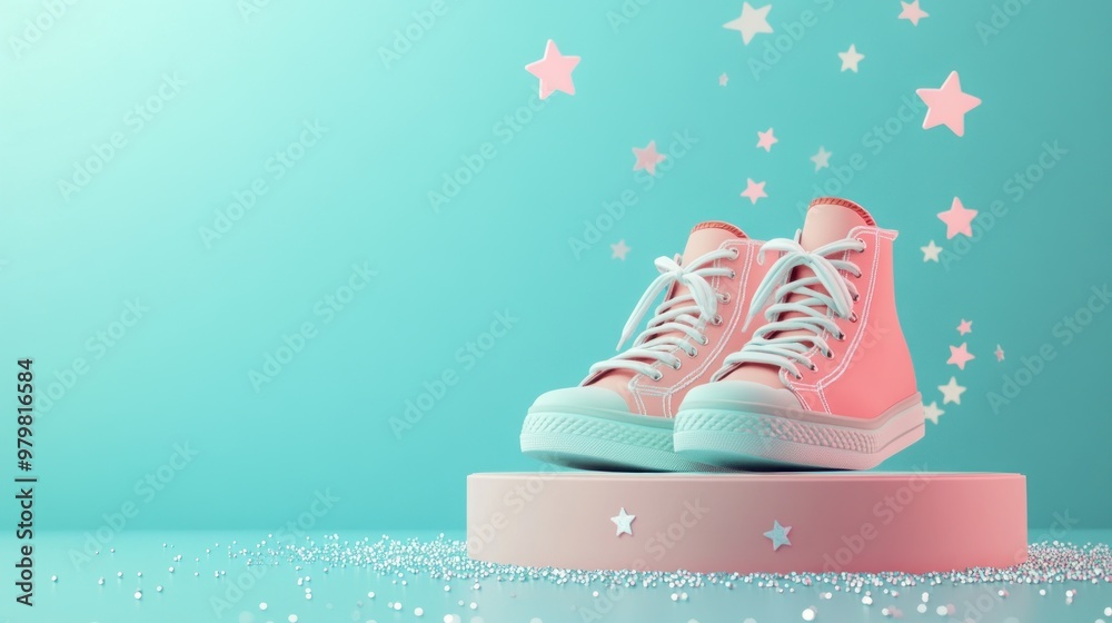 Poster A pair of stylish sneakers displayed on a pedestal with a pastel background and floating stars.