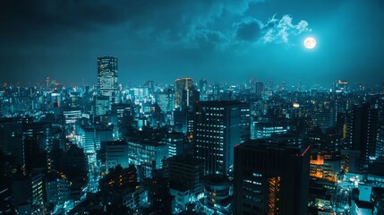 Obraz premium Captivating Night Cityscape with Glimmering Skyscrapers and Moonlit Sky