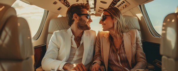 luxury and romance couple sharing a moment inside a private jet displaying comfort and exclusivity