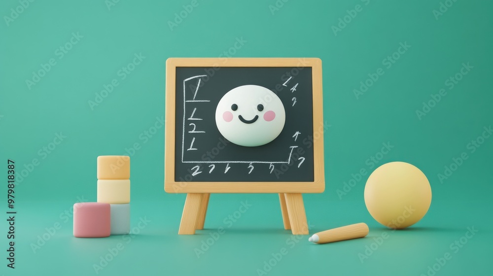 Sticker A cheerful chalkboard with a smiling face, surrounded by colorful blocks and a sphere.