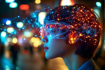 Side profile of a woman wearing futuristic neon glasses illuminated by glowing lights representing virtual reality augmented reality and the immersive digital world