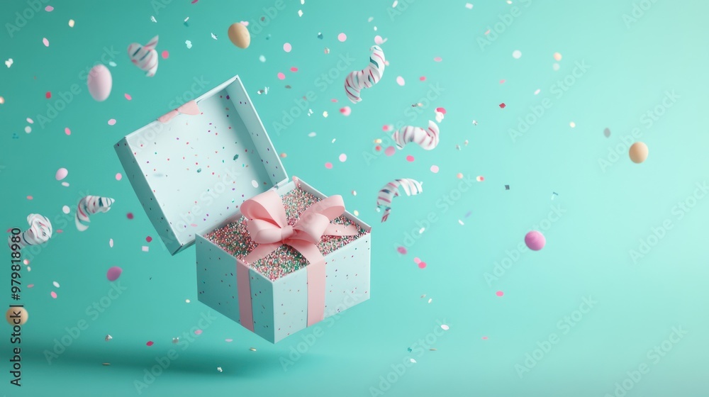 Poster A festive gift box opens, releasing colorful confetti and decorations into the air.