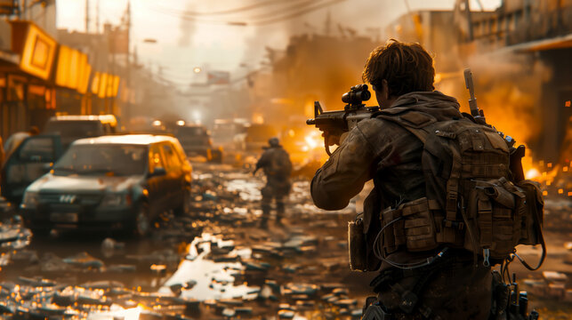 A man is holding a weapon and aiming at an enemy soldier in the distance on a street with burning cars and destroyed buildings