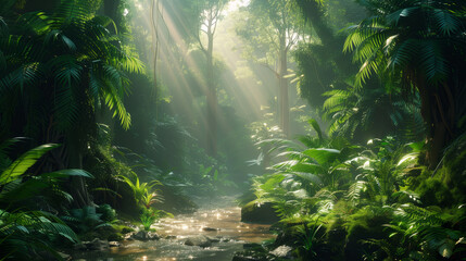 A dense jungle with towering trees, lush green foliage, and sunlight filtering through the canopy onto a small stream flowing in front of it