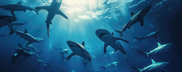 Obraz premium An underwater odyssey with multiple sharks and fish swimming amongst rays of light in the deep blue ocean.