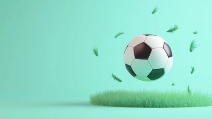 Fototapeta premium A floating soccer ball above a patch of grass against a mint green background.