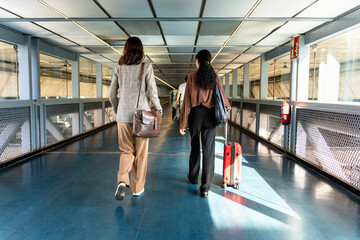 Two interracial business women entering the airport