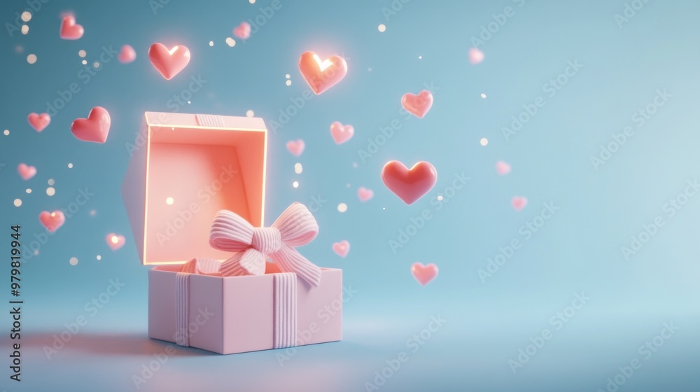 Wall mural A whimsical gift box with hearts floating around, symbolizing love and celebration.