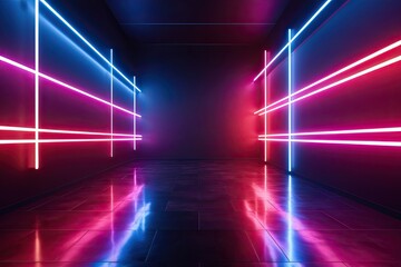 3D Rendering of a Surreal Landscape with Rocky Mountains and Dynamic Neon Lines in Motion