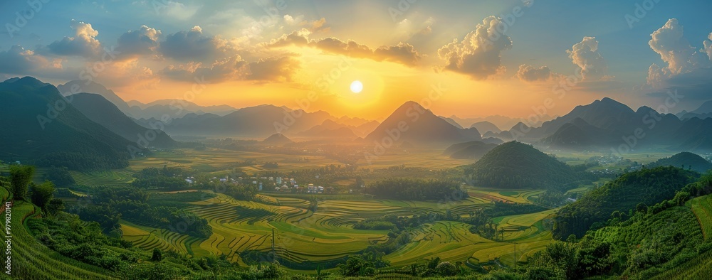 Poster golden hour landscape with rice terraces