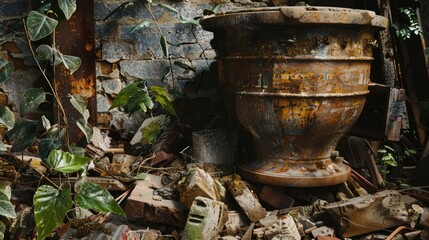 Aged garden container on pile of synthetic materials