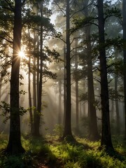 Panorama of oak forest with sunbeams through fog.