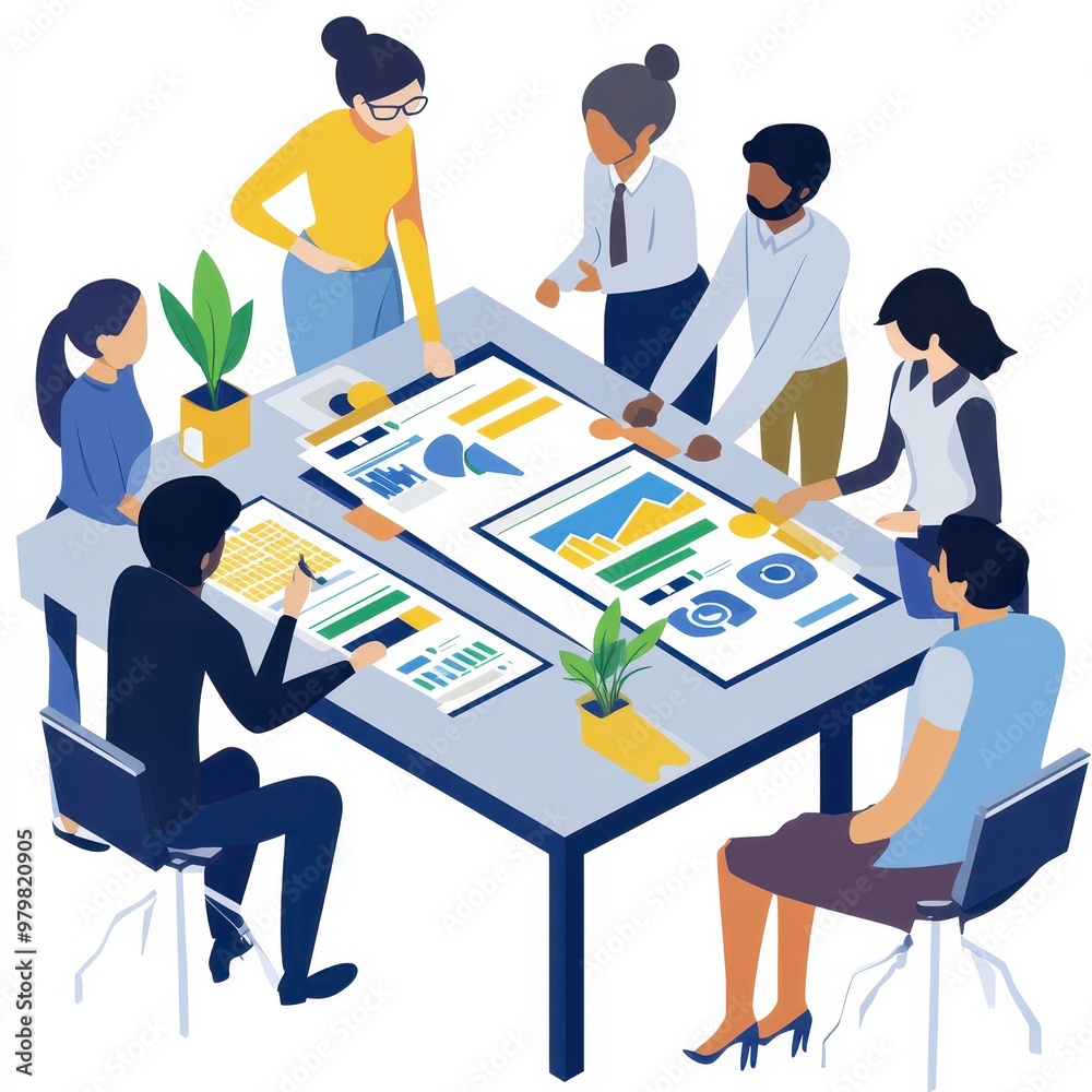 Wall mural a diverse group collaborating around a table with charts and graphs, showcasing teamwork and innovat