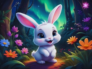 Cute baby rabbit Amongst Wildflowers, cute baby animals for kid's room decoration, Kid's wall art, Cute beautiful baby rabbit in the beautiful fairy jungle