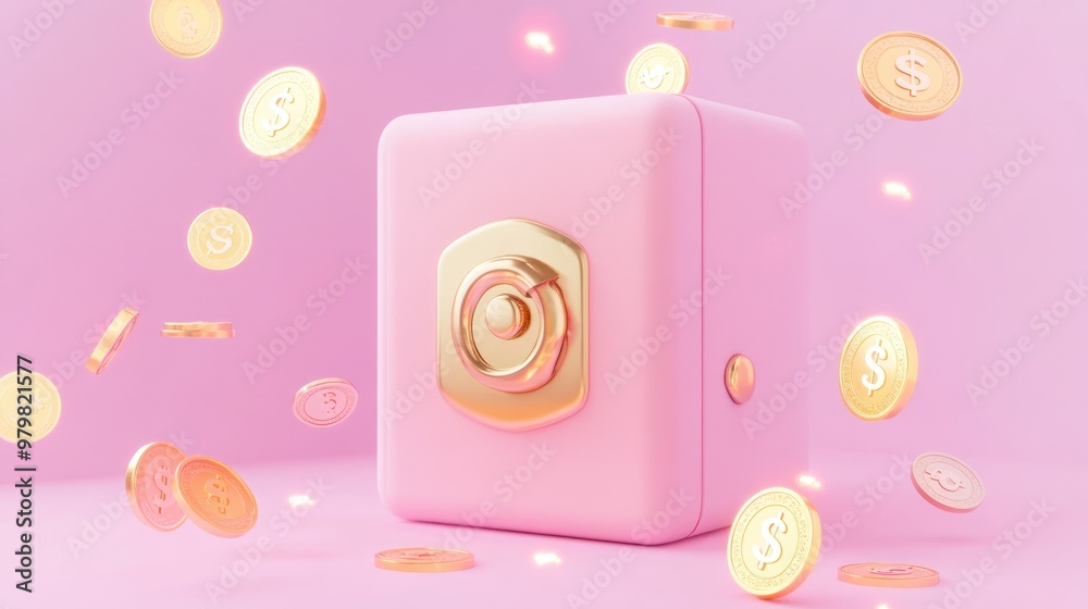 Wall mural A pink safe surrounded by golden coins, symbolizing savings and wealth.