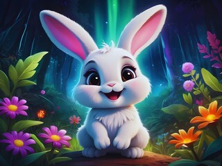 Cute baby rabbit Amongst Wildflowers, cute baby animals for kid's room decoration, Kid's wall art, Cute beautiful baby rabbit in the beautiful fairy jungle