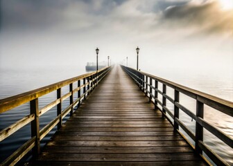 Obraz premium Lonely Pier in Fog A fog-covered pier stretching into the distance, with no boats or people in sight.
