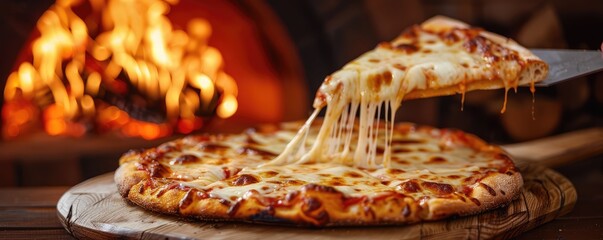 pizza with gooey cheese being served with a wood-fired oven in the background.