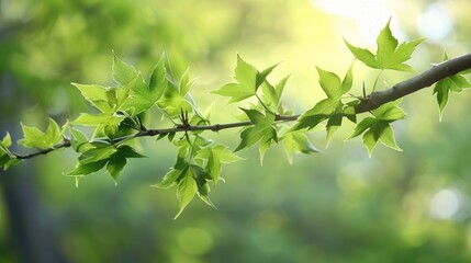 Obraz premium American sweetgum tree branch with green leaves on blurred green background in spring garden