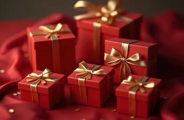 Obraz premium Red Color Gift Box Set With Gold Ribbon