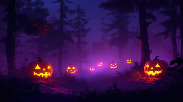 A dark forest illuminated by glowing jackolanterns, with spooky trees and fog drifting through, in a seamless 3D flat design, rich purples and oranges, Low detail, Eerie atmosphere
