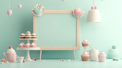 A pastel-themed dessert display with a decorative frame and various sweet treats.