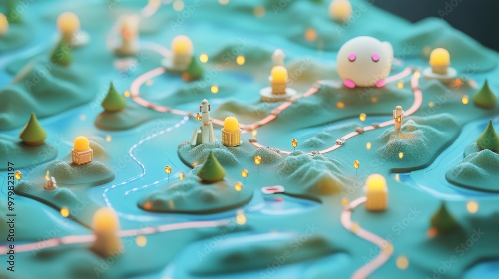 Sticker A whimsical 3D map featuring playful landscapes and paths with miniature figures and lights.