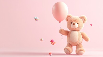 Obraz premium A cute teddy bear holding a pink balloon with colorful confetti on a pastel background.
