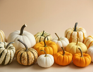 Obraz premium Decorative pumpkins on beige background with copy space