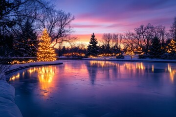 Captivating Winter Wonderland with Glowing Christmas Lights Reflecting on Frozen Lake at Twilight