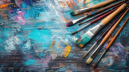 Obraz premium Art tools on wooden surface represent creativity concept in painting workshop