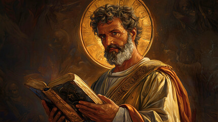 Saint Mark with a Golden Halo Above His Head, Holding a Book, Likely the Bible.