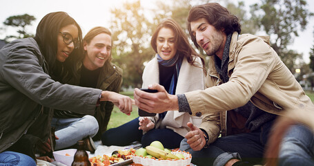 Friends, mobile and conversation in park for picnic, bonding and relax on weekend with snacks in summer. Group of people, phone and talking outdoor for reunion, internet and social media on blanket