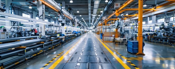 Fototapeta premium Automated car manufacturing assembly line. manufacturing plant with robotic arms and white car bodies in production illustrating industrial automation, banner