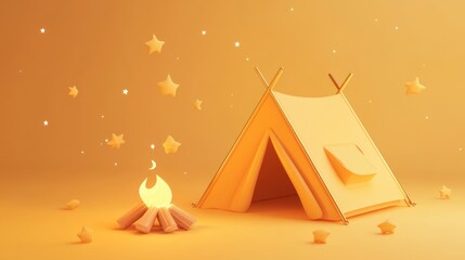 A cozy camping scene featuring a tent and a campfire against a warm, starry background.