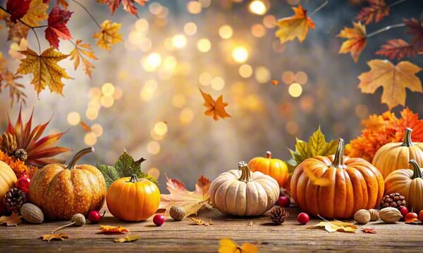 Autumn harvest scene with pumpkins, gourds, and colorful leaves on a wooden table