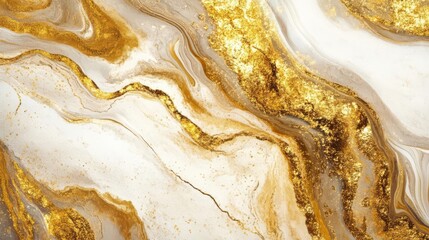 Abstract marble background with gold and white swirling patterns. Perfect for luxurious and elegant designs.