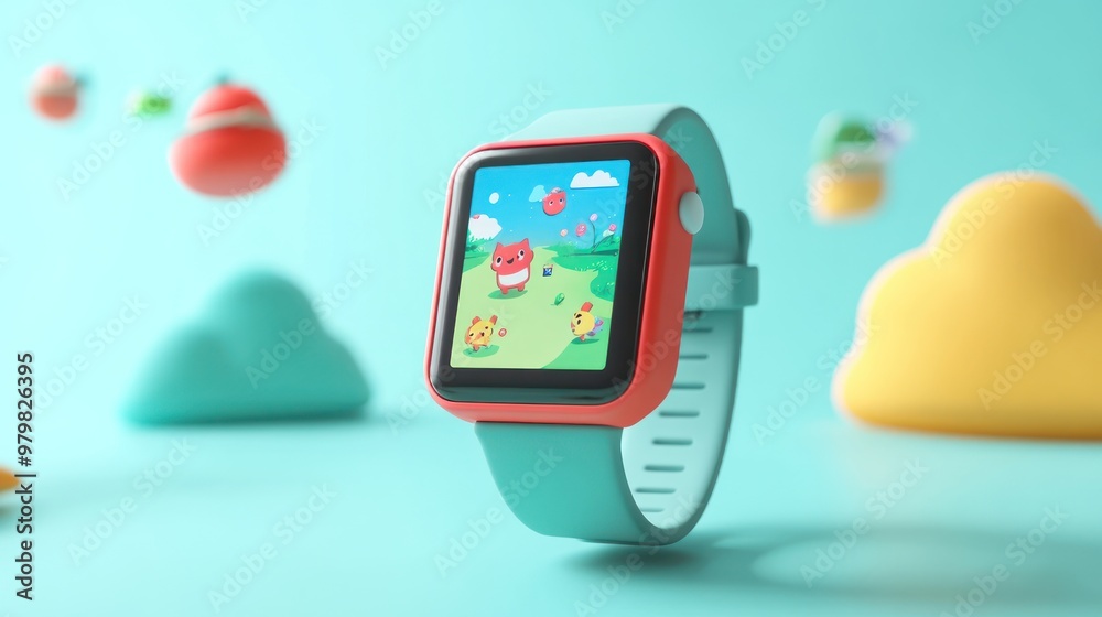 Canvas Prints A colorful smartwatch displaying a playful animal scene, surrounded by whimsical shapes.